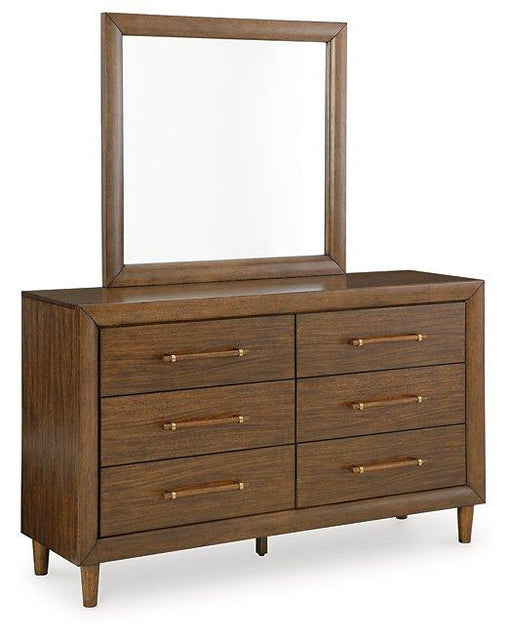 Ashley Furniture Lyncott dresser and mirror set with wooden finish, featuring multiple drawers and a matching mirror for bedroom decor.