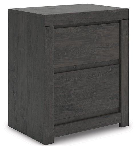Ashley Furniture Fraluna nightstand with a dark wood finish, featuring a single drawer and open shelf for bedroom storage.