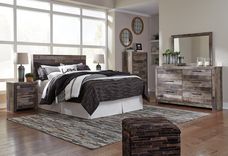 Ashley Furniture Derekson nightstand with a dark wood finish, featuring a drawer and shelf for bedroom storage.