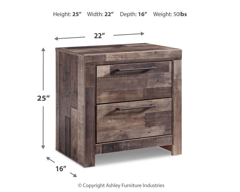 Ashley Furniture Derekson nightstand with a dark wood finish and sleek modern design, featuring a drawer and open shelf.