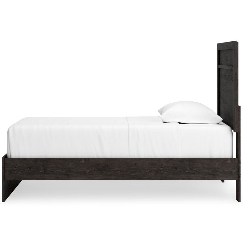 Ashley Furniture Belachime Bed with a sleek wooden frame and side view, showcasing modern bedroom furniture design.