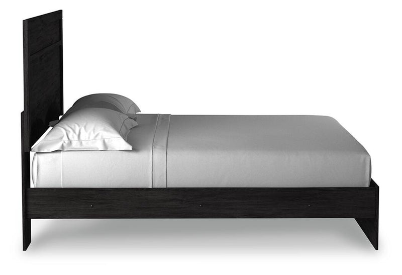 Ashley Furniture Belachime Bed with a sleek wooden frame, showcasing a modern bedroom design with a headboard and side view.