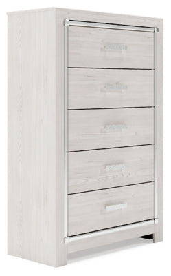 Ashley Furniture Altyra chest of drawers with multiple drawers and a sleek finish, viewed from an angled side perspective.