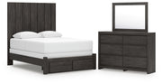 Ashley Furniture Fraluna bedroom set including a bed frame, nightstands, and dresser in a modern design with wood finish.
