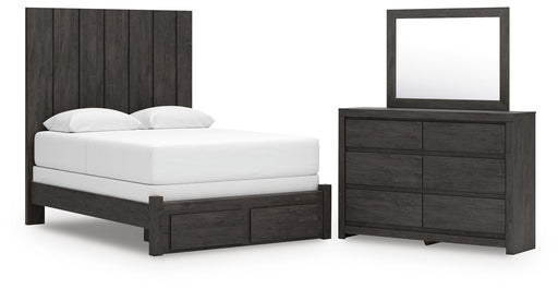 Ashley Furniture Fraluna bedroom set including a bed frame, nightstands, and dresser in a modern design with wood finish.