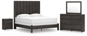 Ashley Furniture Fraluna bedroom set with matching bed frame, nightstands, and dresser in a modern bedroom scene.