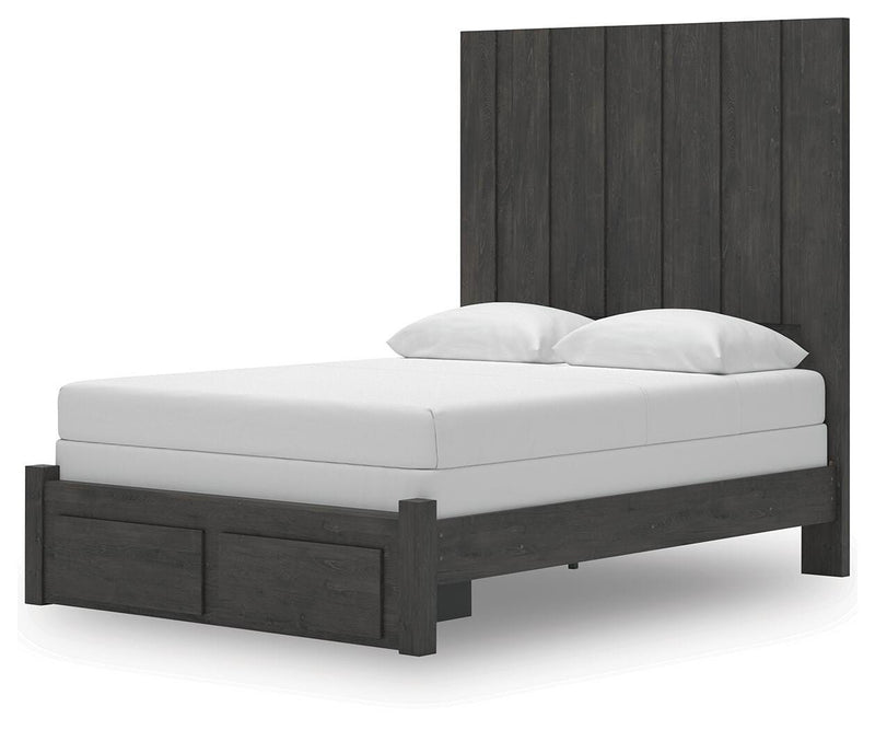 Ashley Furniture Fraluna bedroom set featuring a bed frame, nightstands, and dresser in a modern design, shown from an angled view.