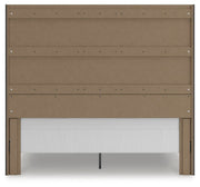 Ashley Furniture Fraluna bedroom set featuring a bed, dresser, and nightstands with modern design and neutral wood finish.