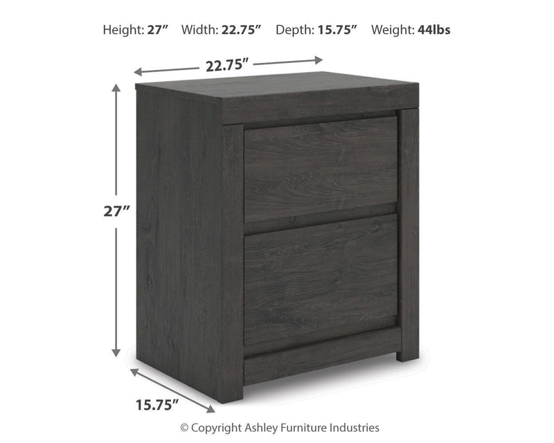 Ashley Furniture Fraluna bedroom set with a bed, nightstands, and dresser in a modern design, shown in a stylish bedroom setting.