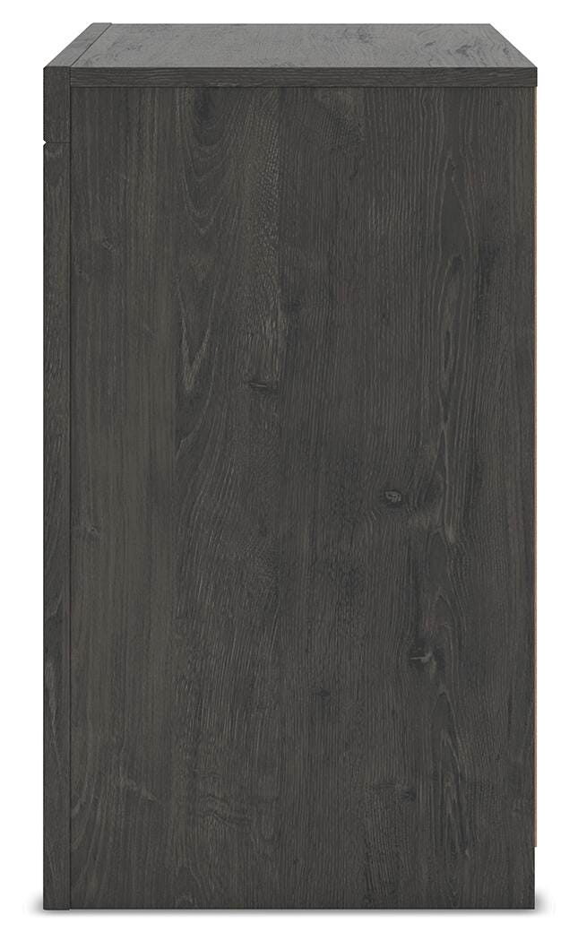 Ashley Furniture Fraluna bedroom set featuring a wooden bed frame with matching nightstands and dresser in a modern design.