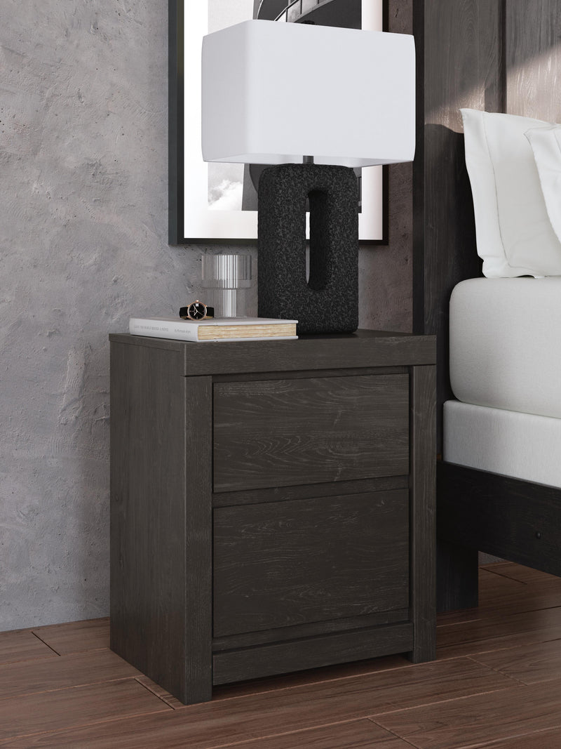 Ashley Furniture Fraluna bedroom set featuring a bed, nightstands, and dresser in a modern design with neutral finish.