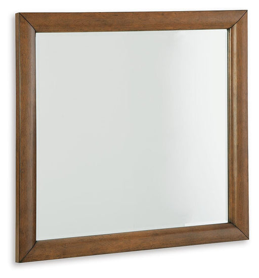 Ashley Furniture Lyncott bedroom mirror, angled view showing its sleek frame and reflective surface.