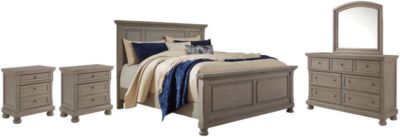 Ashley Furniture Lettner bedroom set with a bed, nightstands, and dresser in a modern wood finish, arranged in a cozy bedroom.