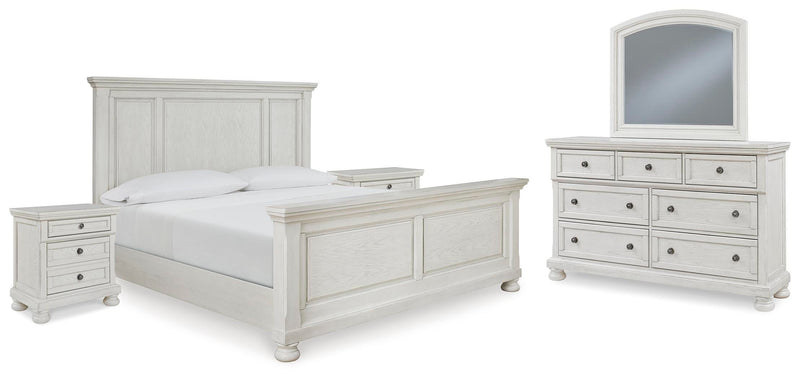 Ashley Furniture Robbinsdale bedroom set including a bed frame, nightstands, and dresser with modern design and warm wood finish.
