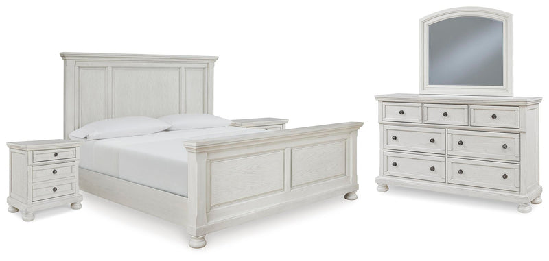 Ashley Furniture Robbinsdale bedroom set with matching bed frame, nightstands, and dresser in a modern bedroom scene.