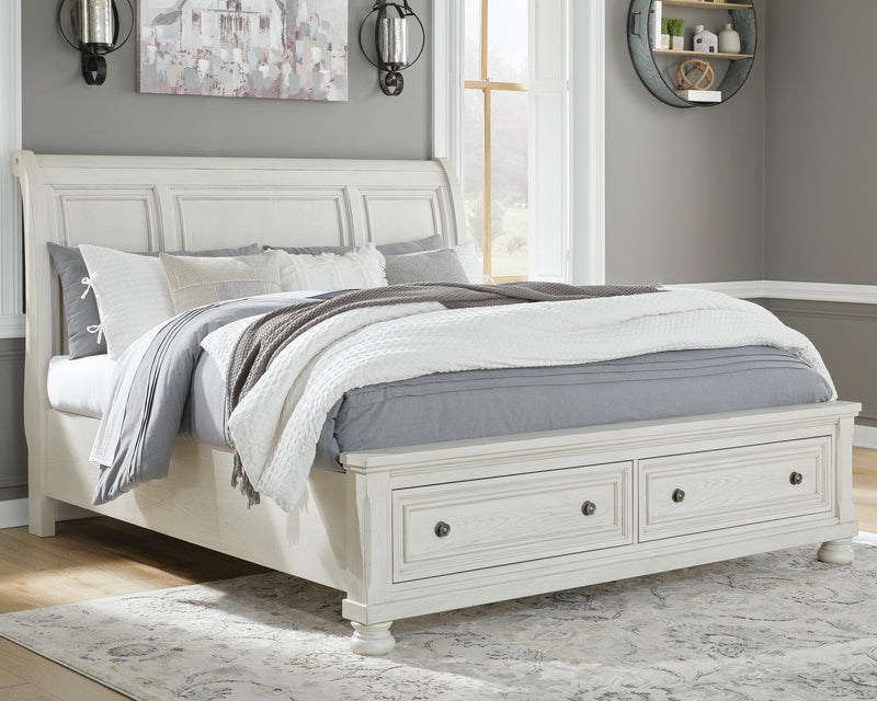 Ashley Furniture Robbinsdale bedroom set with a bed frame, nightstands, and dresser in a modern, stylish bedroom scene.