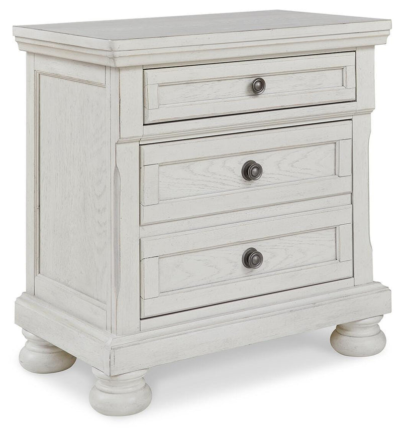 Ashley Furniture Robbinsdale bedroom set with a bed frame, nightstands, and dresser, shown from an angled closed view.