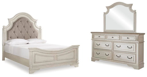Ashley Furniture Realyn bedroom set featuring a bed frame, nightstands, and dresser in a stylish, coordinated design.