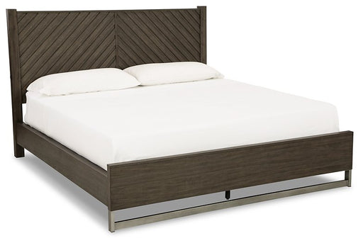 Ashley Furniture Arkenton Bed with a stylish wooden frame and headboard, shown from an angled side view.