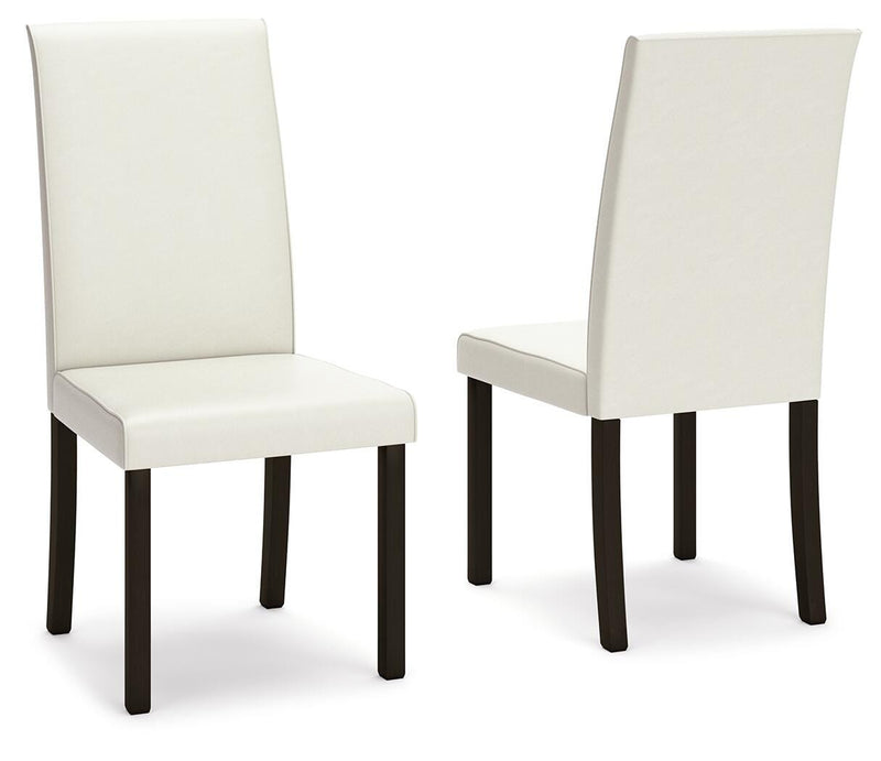 Ashley Furniture Kimonte dining chair with upholstered seat and dark wooden legs, shown from a front angle.