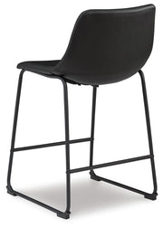 Ashley Furniture Centiar counter height barstool shown from back angle with wooden legs and cushioned seat.
