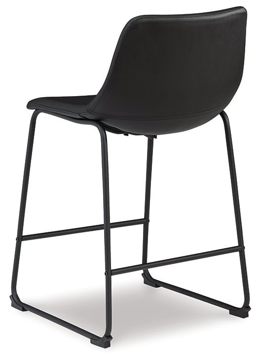 Ashley Furniture Centiar counter height barstool shown from back angle with wooden legs and cushioned seat.