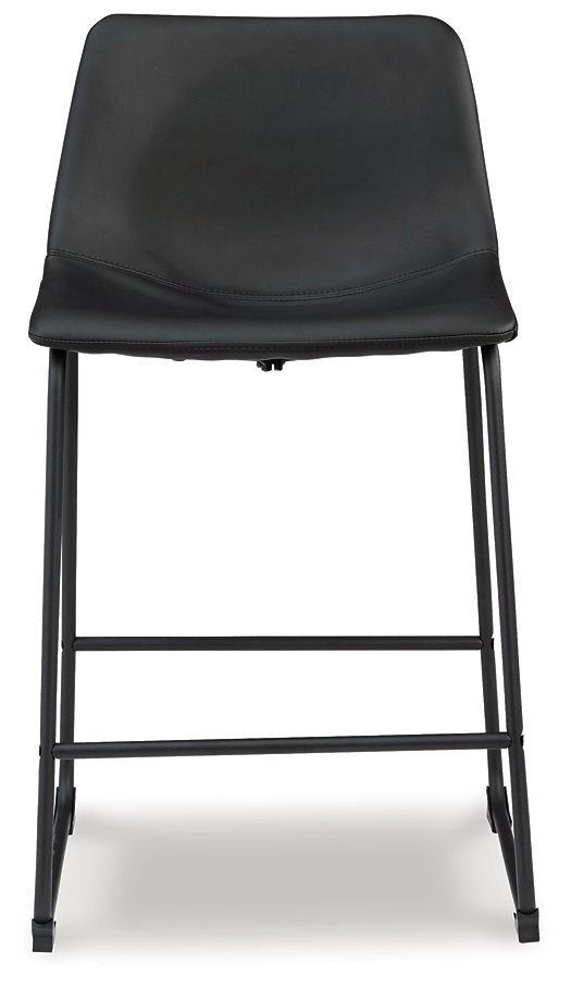 Ashley Furniture Centiar counter height barstool with wooden legs and cushioned seat, shown from a head-on angle.