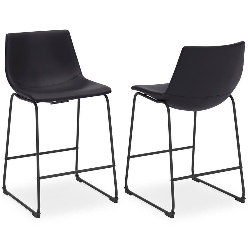 Ashley Furniture Centiar counter height barstool with wooden legs and a cushioned seat in a warm finish, shown from a side angle.