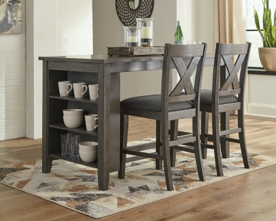 Set of Ashley Furniture Caitbrook counter height dining barstools with wood seats and metal legs, arranged around a matching table.