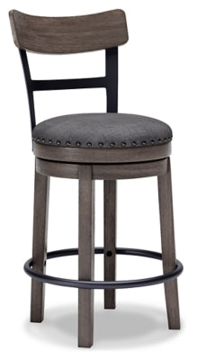 Ashley Furniture Caitbrook counter height bar stool with wooden seat and metal frame, shown at an angle.