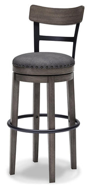 Ashley Furniture Caitbrook bar height bar stool with wooden frame and cushioned seat, shown from an angled side view.