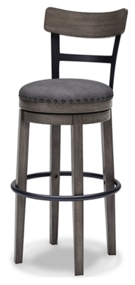 Ashley Furniture Caitbrook bar height bar stool with wooden frame and cushioned seat, shown from an angled side view.