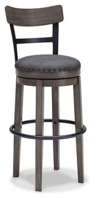 Ashley Furniture Caitbrook bar height bar stool with wooden frame and cushioned seat, shown from an angled side view.