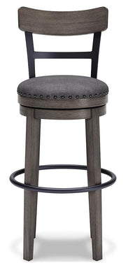 Ashley Furniture Caitbrook bar height bar stool with wooden legs and a cushioned seat, shown from the front.