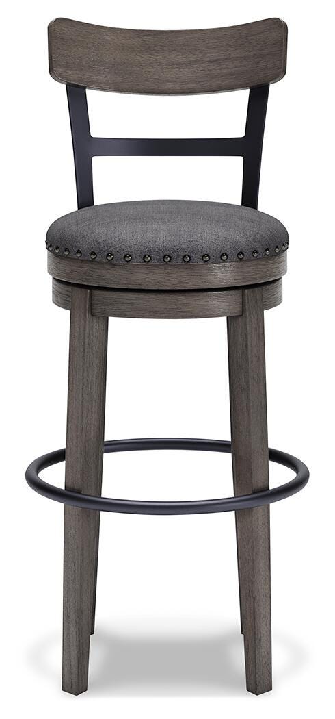 Ashley Furniture Caitbrook bar height bar stool with wooden legs and a cushioned seat, shown from the front.