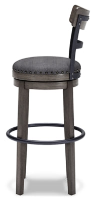 Ashley Furniture Caitbrook bar height bar stool with wooden seat and metal frame, shown from a side angle.