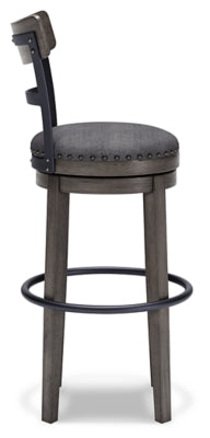 Ashley Furniture Caitbrook bar height barstool with wooden legs and cushioned seat, shown from a side view.
