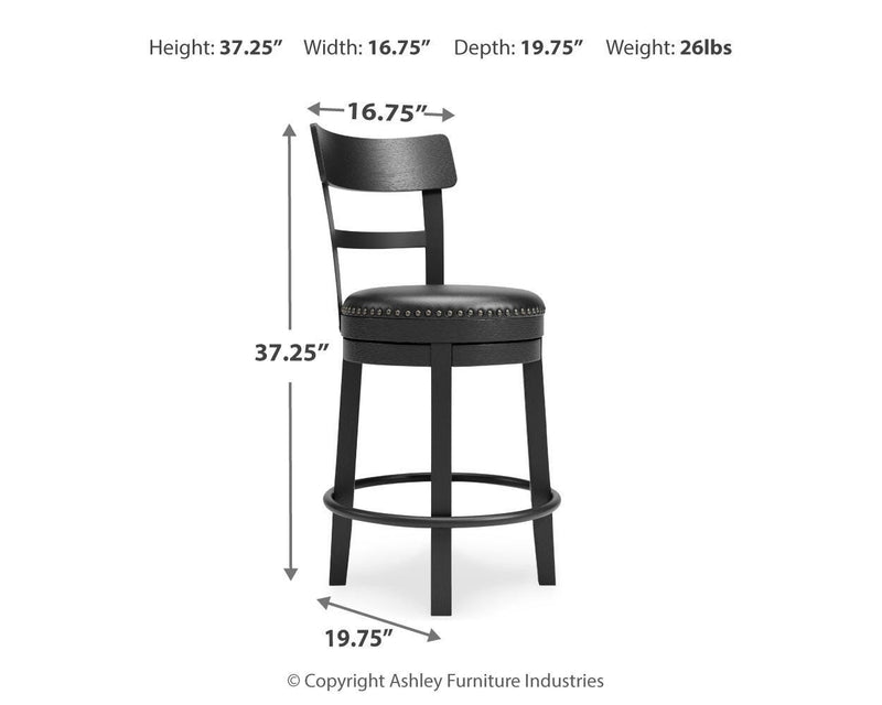 Ashley Furniture Valebeck counter height bar stool with dark wooden legs and upholstered seat, shown from a side view.