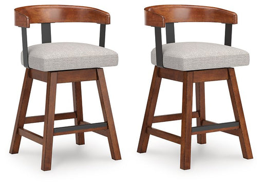 Set of two Ashley Furniture Ralene counter height barstools with dark wood finish and upholstered cushioned seats.