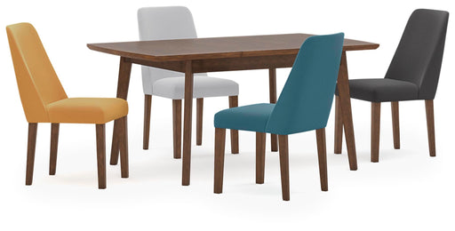 Ashley Furniture Lyncott dining room set with a table and matching chairs, featuring a modern design in a spacious dining area.