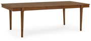 Ashley Furniture Lyncott dining extension table with a polished wooden surface and sturdy legs, shown from an angled side view.