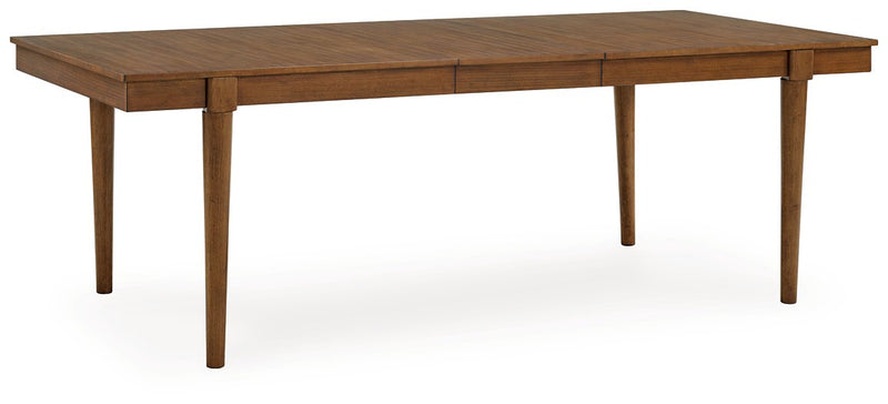 Ashley Furniture Lyncott dining extension table with a polished wooden surface and sturdy legs, shown from an angled side view.