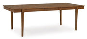Ashley Furniture Lyncott dining extension table with a wooden finish, shown from an angled side view with a leaf extension.