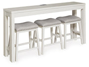 Ashley Furniture Robbinsdale counter height dining table with three matching barstools, shown from an angled side view.