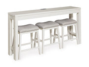 Ashley Furniture Robbinsdale counter height dining table with three matching barstools, shown from an angled view.