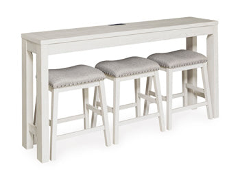 Ashley Furniture Robbinsdale counter height dining table with three matching barstools, shown from an angled view.