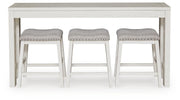 Ashley Furniture Robbinsdale counter height dining table with three matching barstools, featuring a sleek wood finish and modern design.