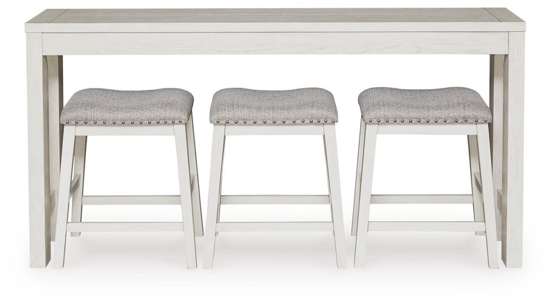 Ashley Furniture Robbinsdale counter height dining table with three matching barstools, featuring a sleek wood finish and modern design.