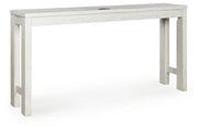 Ashley Furniture Robbinsdale counter height dining table with three matching barstools, showcasing a sleek wood finish and modern design.