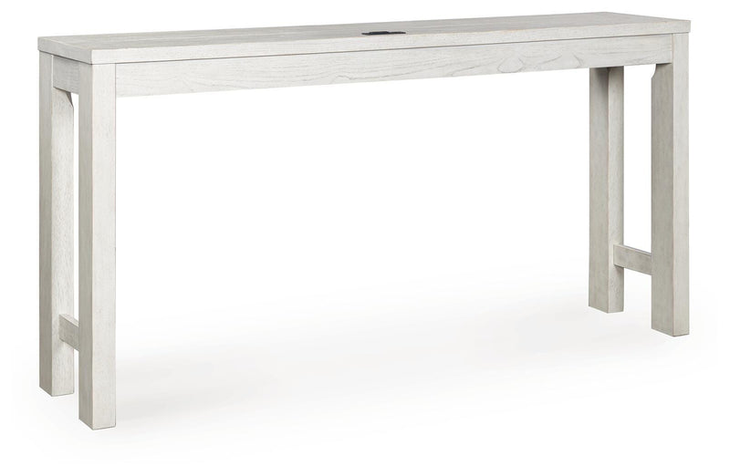 Ashley Furniture Robbinsdale counter height dining table with three matching barstools, showcasing a sleek wood finish and modern design.
